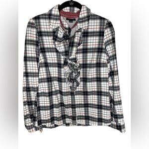 Tommy Hilfiger Plaid Flannel Ruffle Front Blouse Red, Navy, White Sz Medium